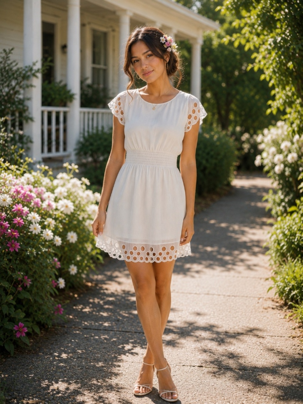 Pinky White Eyelet Detail Dress Size L Flowy Summer Dress
